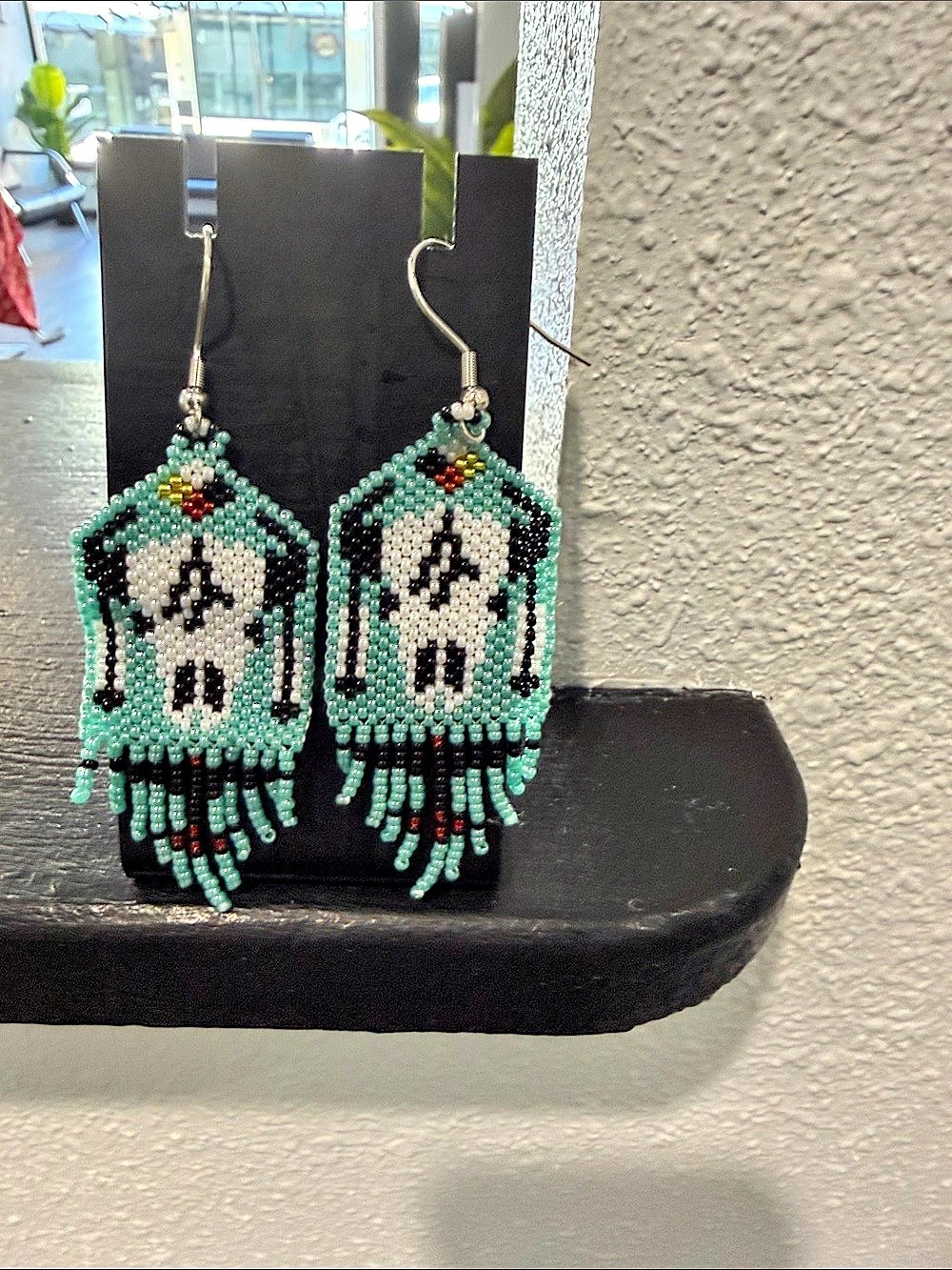 Hand Beaded native Statement Earrings Green & White
